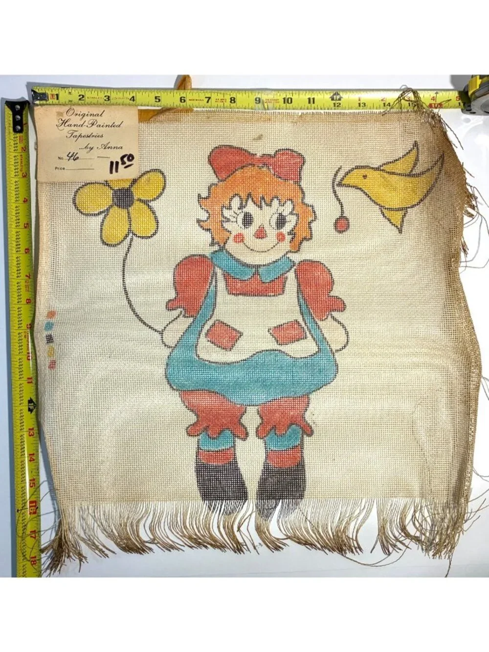 Hand Painted Needlepoint Canvas Tapestry Raggedy Ann 16x16 VTG 1970s Unworked